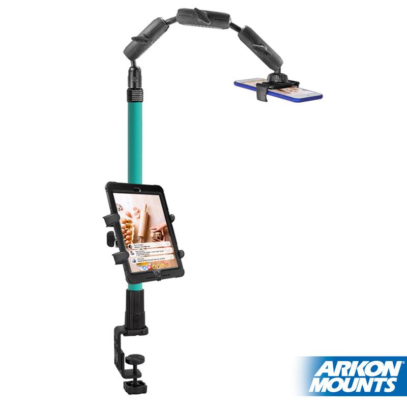 The Remarkable Creator™ Pro+Plus Clamp Mount with Teal Extension Pole securely holds your tablet and smartphone for recording or streaming. Its flexible arm attaches to any desk or table, with the Arkon Mounts logo in the bottom right.