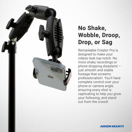 The Remarkable Creator™ Pro+Plus Clamp Mount with Teal Extension Pole securely holds your smartphone, preventing shaking, wobbling, or drooping and ensuring smooth, professional video recording with stable support.