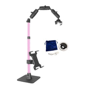 The Remarkable Creator™ Pro+Plus with Pink Extension Pole features multiple clamps, a weighted base, and device mounts. Also included: a blue pouch, white ring light, and USB cable—ideal for phone and tablet setups.