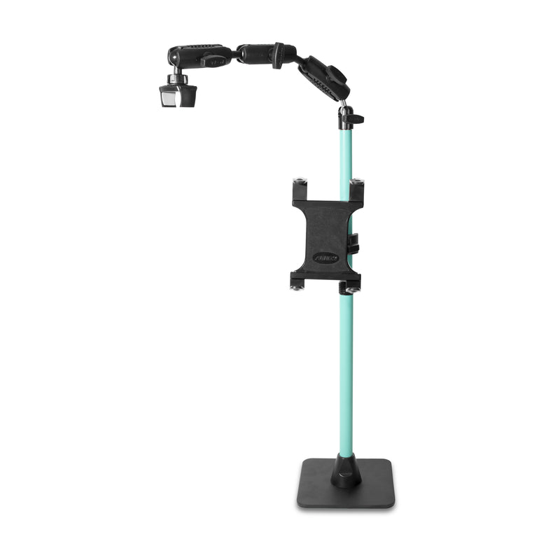 The Remarkable Creator™ Pro+Plus with Teal Extension Pole is a black and teal adjustable phone and tablet stand with a central holder, camera on an articulated arm, and sturdy rectangular base—ideal for content creation.