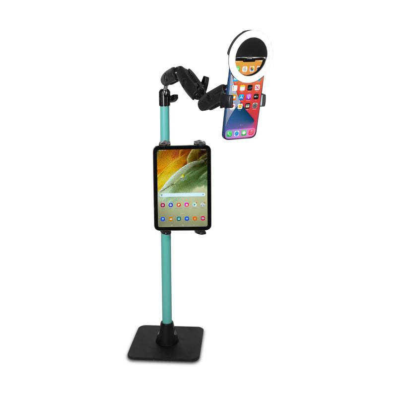 The Remarkable Creator™ Pro+Plus with Teal Extension Pole is a freestanding phone and tablet stand with a sturdy base and small ring light, holding your tablet vertically and smartphone horizontally—ideal for content creation.
