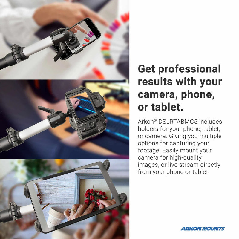 A promotional image displays the Remarkable Creator™ Studio Mount - Overhead Camera Mount in use with cameras, tablets, and phones, highlighting its versatile holders for capturing high-quality footage or live streaming.