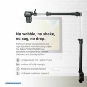 The Remarkable Creator™ Studio Mount is an overhead camera mount with adjustable arm, stable vertical stand, and holders for camera, tablet, and phone. Features no wobble, long life, strength tested, and US-based support. Arkon Mounts logo visible.