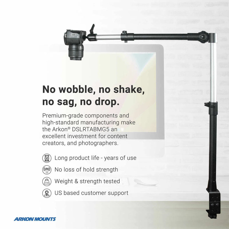 The Remarkable Creator™ Studio Mount is an overhead camera mount with adjustable arm, stable vertical stand, and holders for camera, tablet, and phone. Features no wobble, long life, strength tested, and US-based support. Arkon Mounts logo visible.