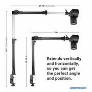 The Remarkable Creator™ Studio Mount - Overhead Camera Mount, with camera, tablet, and phone holder, adjusts vertically up to 29.5 and horizontally to 27.75 for the perfect angle and position in your setup.