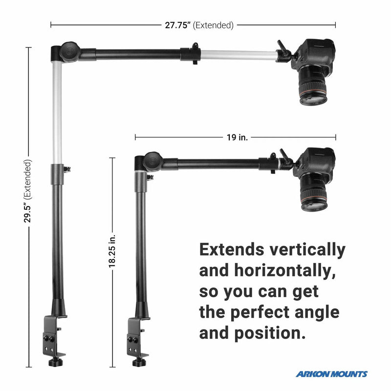 The Remarkable Creator™ Studio Mount - Overhead Camera Mount, with camera, tablet, and phone holder, adjusts vertically up to 29.5 and horizontally to 27.75 for the perfect angle and position in your setup.