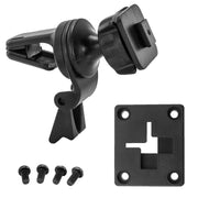 Removable Swivel Air Vent Car Mount for XM and Sirius Satellite Radio shown with a black adjustable bracket, separate four-hole plate with cross cutout, knob, and four small screws, all displayed on a white background.