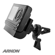 A Removable Swivel Air Vent Car Mount for XM and Sirius Satellite Radio in black is shown angled, featuring a circular clamp, adjustable arm, T-Slot adapter, and the Arkon logo—ideal for mounting your device securely.