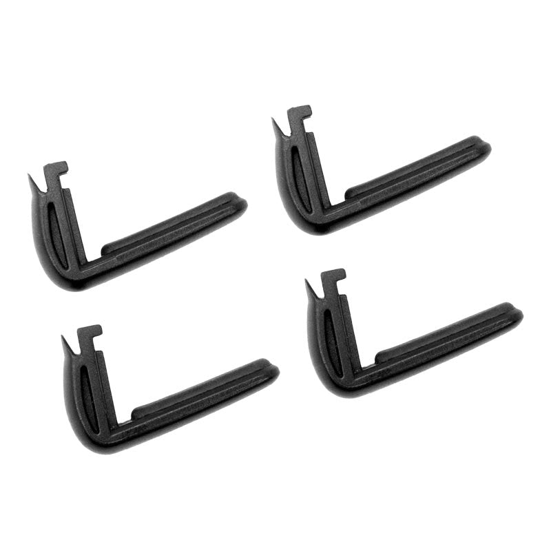 Four identical black L-shaped plastic objects with hooked ends and grooved surfaces, arranged in a grid on white—these are Replacement Long Support Legs for the Slim Grip Ultra Smartphone and Midsize Tablet Holder.