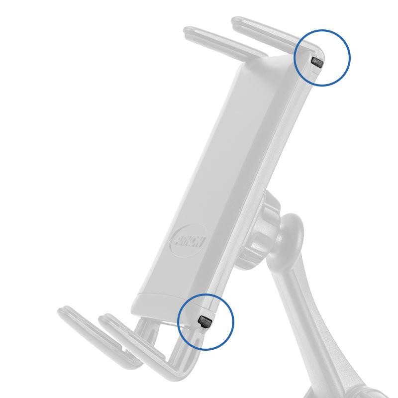 Replacement Stoppers for Slim-Grip Ultra Smartphone and Midsize Tablet Holder: two small black stoppers, shown in blue circles at the top right and bottom left of the holder’s grip arms.