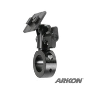 The Aluminum Motorcycle Handlebar Mount - Dual-T Compatible is a black, adjustable bracket and clamp for attaching devices or phone holders to bike handlebars. The Arkon logo appears in the bottom right corner.