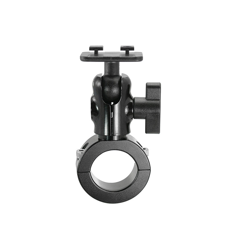 The Aluminum Motorcycle Handlebar Mount - Dual-T Compatible is a black, adjustable bracket with a circular clamp base and rectangular top, designed for securely mounting devices like phone or dual-T holders to your motorcycle handlebars.
