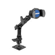 The RoadVise Heavy-Duty Multi-Angle Phone Mount features articulating arms, a clamp with a blue ARKON logo pattern, and attaches to a 4-Hole AMPS base for secure device holding. Black and adjustable for versatile mounting.