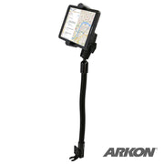 A black RoadVise XL Seat Rail Car Mount with a flexible gooseneck arm holds a tablet displaying a map, designed for vehicle installation. The Arkon logo is visible in the bottom right corner.