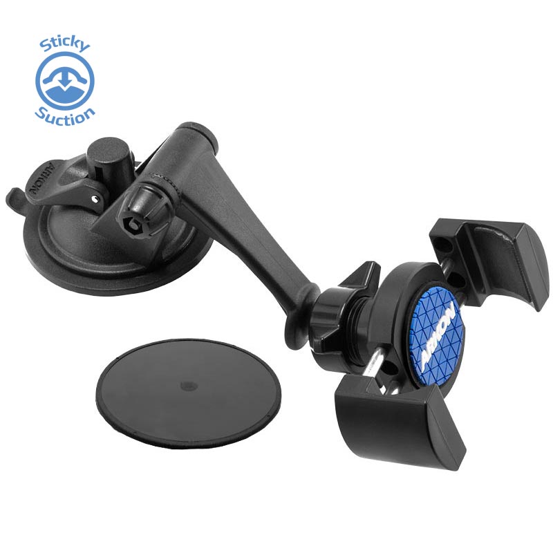 The Sticky Suction Mount with RoadVise® Phone Holder features adjustable arms, a black suction base, circular adhesive pad, and blue MOM-labeled grip. Ideal for use as a windshield phone holder or car GPS holder. Sticky Suction logo in the top left corner.