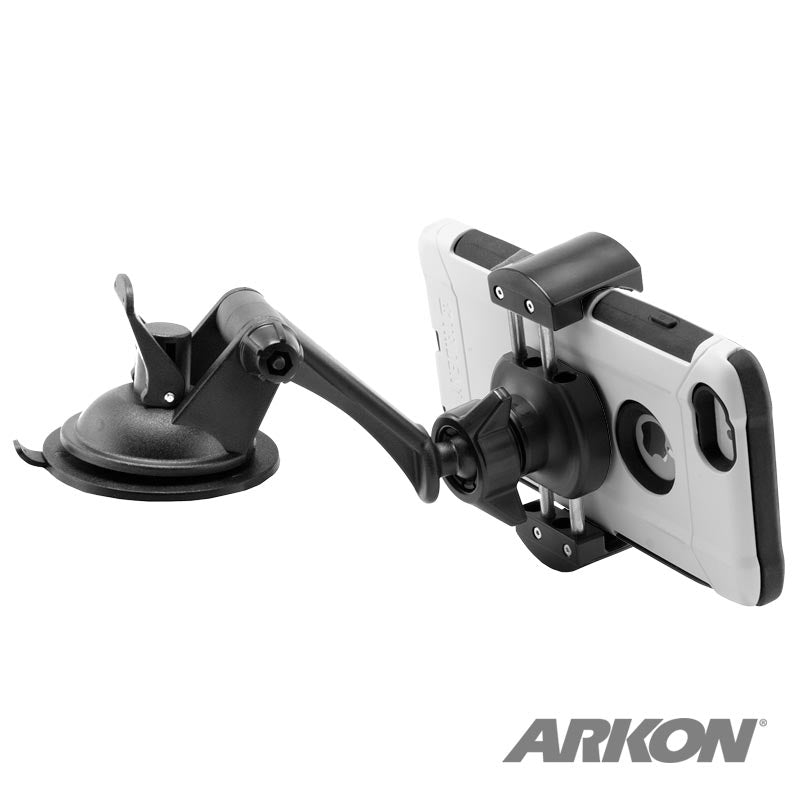 The Sticky Suction Mount with RoadVise® Phone Holder securely holds a smartphone in its case; featuring an adjustable arm and Arkon logo, its perfect as a black windshield mount.