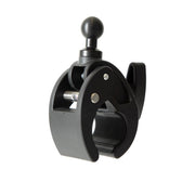 The RoadVise® Clamp Mount with 20mm Ball is a black, heavy-duty mount designed to securely grip cylindrical objects like poles or handlebars.