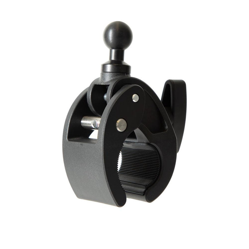The RoadVise® Clamp Mount with 20mm Ball is a black, heavy-duty mount designed to securely grip cylindrical objects like poles or handlebars.