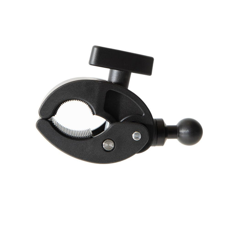 The RoadVise® Clamp Mount with 20mm Ball features a textured grip, top adjustment knob, and side 20mm ball joint for securely holding objects or mounting equipment.
