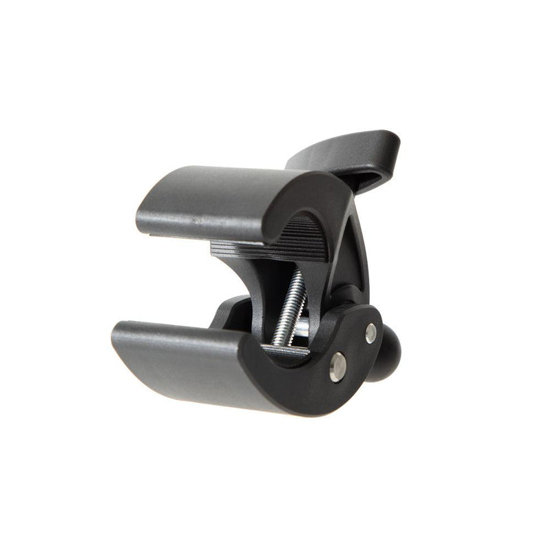A close-up of the RoadVise® Clamp Mount with 20mm Ball, a black heavy-duty mount featuring a spring mechanism and curved jaws, shown isolated on a white background.
