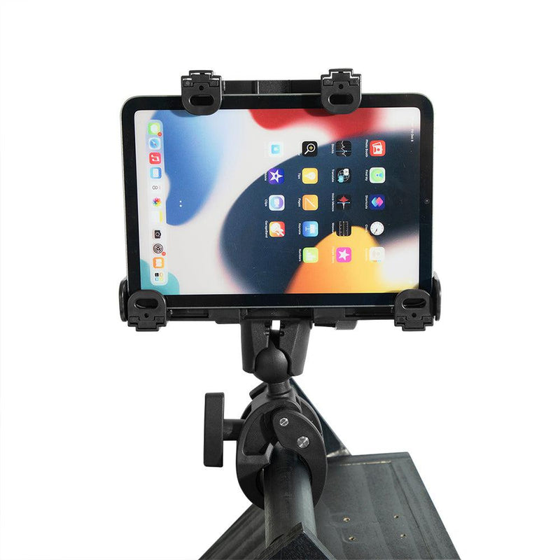 A tablet is securely held on a desk by the RoadVise® Clamp Mount with LockVise™ Locking Tablet Holder and 3.5” Arm, displaying its home screen while mounted on the adjustable black stand.