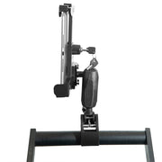 A RoadVise® Clamp Mount with LockVise™ Locking Tablet Holder and 3.5” Arm is shown front-facing on a horizontal bar with a tablet secured inside; a key is inserted into the holders lock, all set against a white background.