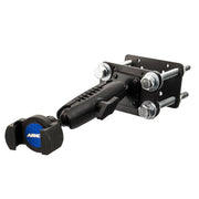 The RoadVise® Forklift Front Guard Phone Mount is a black accessory with an adjustable arm, mounting bracket, and bolts—ideal for securely attaching and adjusting phone holders on vehicles like forklifts.