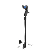 The RoadVise® Heavy-Duty Seat Rail or Floor Phone Mount features a black adjustable clamp with a flexible coiled base, mounting brackets, screws, and a hook—shown on a white background.