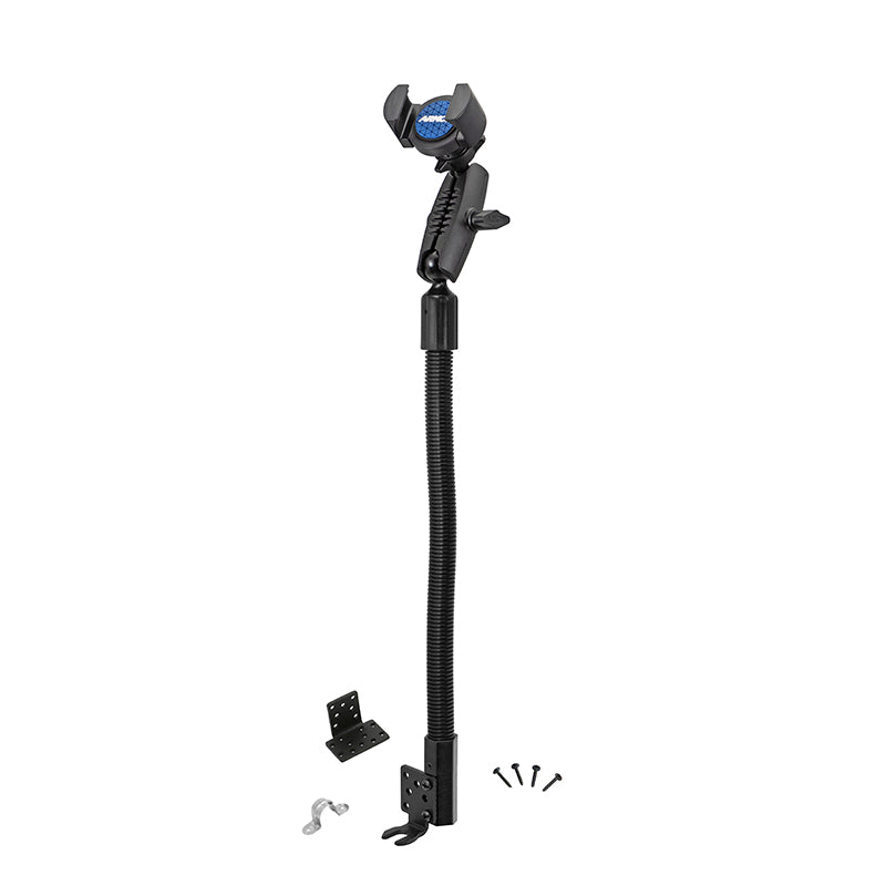 The RoadVise® Heavy-Duty Seat Rail or Floor Phone Mount features a black adjustable clamp with a flexible coiled base, mounting brackets, screws, and a hook—shown on a white background.