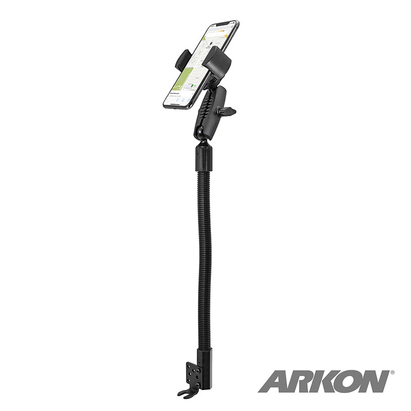 The RoadVise® Heavy-Duty Seat Rail or Floor Phone Mount is a flexible, adjustable black holder that securely clamps your smartphone and features the ARKON logo, attaching to seat rails or floors for versatile use.