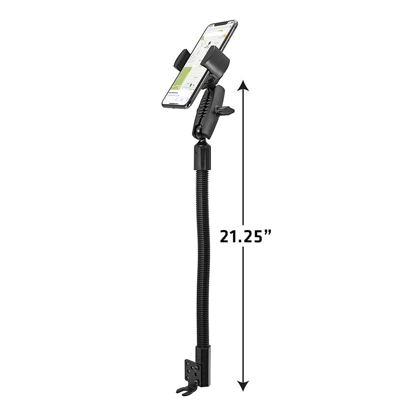 The RoadVise® Heavy-Duty Seat Rail or Floor Phone Mount has a black flexible 21.25-inch gooseneck with a clamp base, holding a smartphone vertically—ideal for hands-free use as a seat rail or floor phone mount.
