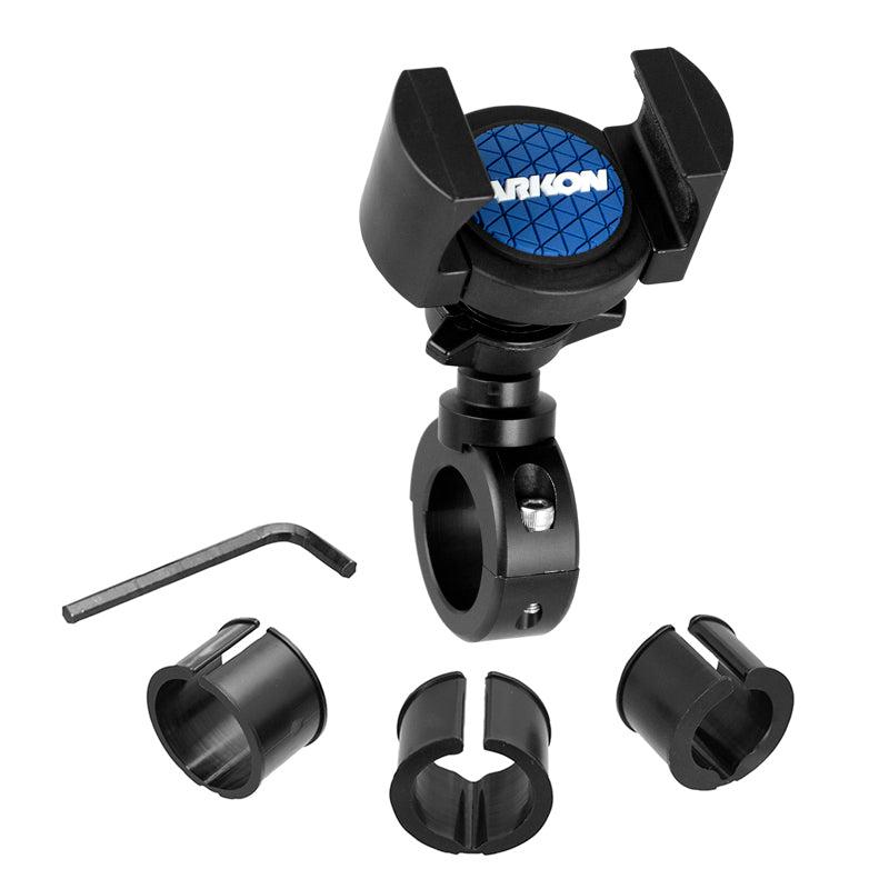 The RoadVise® Motorcycle Phone Mount - Black Aluminum features a black handlebar clamp, blue logo, hex key, and three collar inserts for a secure fit as a bike phone holder—all shown on a white background.