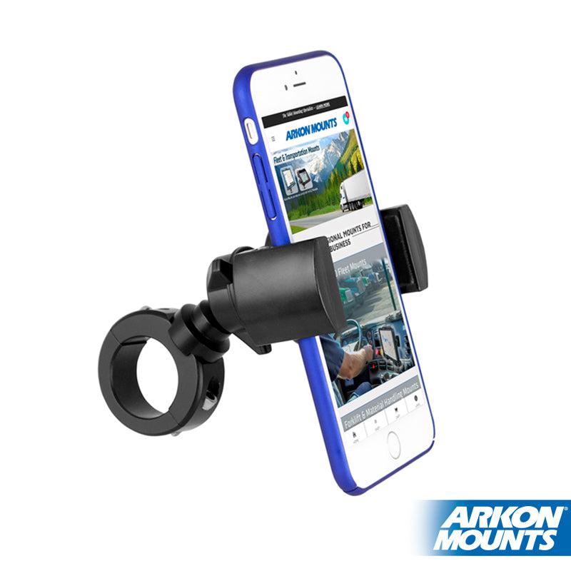 A smartphone in a blue case is secured in the black aluminum RoadVise® Motorcycle Phone Mount, displayed at an angle with the Arkon Mounts logo in the bottom right corner.