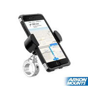 A smartphone with GPS navigation is mounted on a bicycle handlebar using the RoadVise® Holder with Chrome Aluminum Mount, featuring a silver and black design and displaying the Arkon Mounts logo in the bottom right corner.