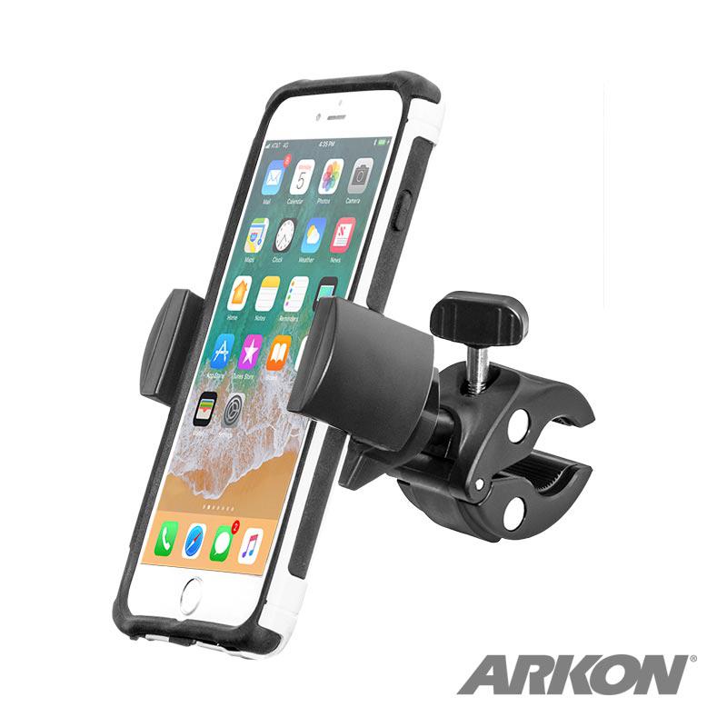 The RoadVise® Phone Clamp Post Mount secures a smartphone to a handlebar for exercise equipment use. The phone’s screen shows app icons, while the ARKON logo appears at the bottom right. Suitable for iPhone, Galaxy, Note, and more.