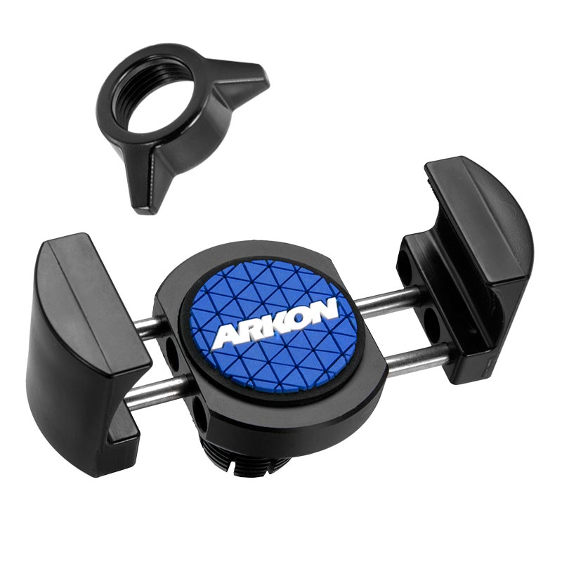 A black and blue RoadVise® Phone Holder with adjustable grips and a separate tightening knob, designed for use with a 17mm ball mount, is shown against a white background.