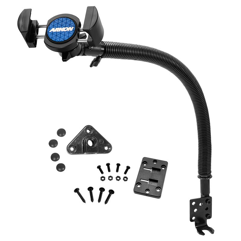 The RoadVise® Phone Holder with 15 Gooseneck and Seat Rail Mount is shown with a clamp, mounting plates, screws, and hardware on a white background—ideal for hands-free calls and secure phone installation in your car.