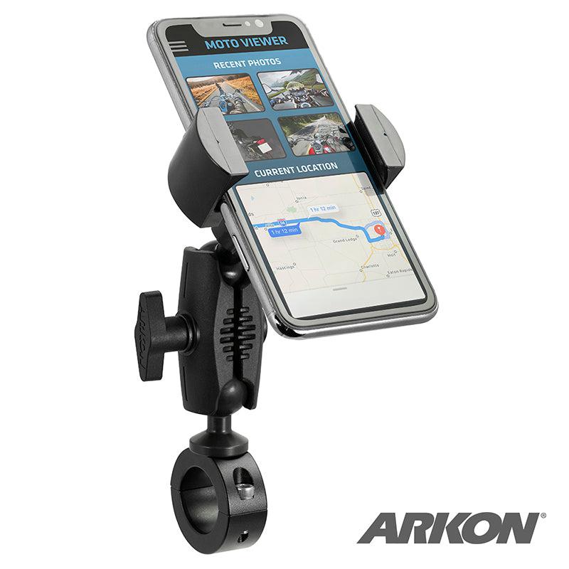 A smartphone on the black RoadVise® Phone Holder with Aluminum Handlebar Mount and 2.75 Shaft shows navigation and photos. The adjustable handlebar mount features the Arkon logo at the bottom right corner.