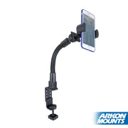 The RoadVise® Phone Holder with Clamp Mount and 12-inch Gooseneck securely attaches to a desk or table edge, holding your smartphone upright. The Arkon Mounts logo appears in the bottom right corner.