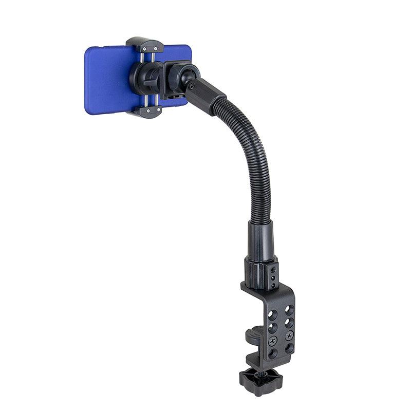 The RoadVise® Phone Holder with Clamp Mount and 12 inch Gooseneck securely holds your blue smartphone. Its adjustable arm and heavy-duty c-clamp easily attach to desks or flat surfaces, providing hands-free convenience.