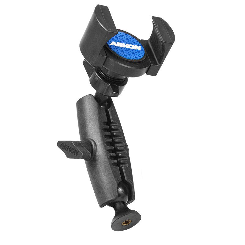 The RoadVise® Phone Tripod Mount is a black adjustable smartphone holder with a clamp and ball joint for flexible positioning, ideal as a phone tripod mount for live streaming. It features a blue ARKON logo.