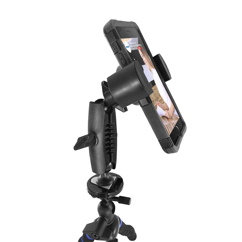 The RoadVise® Phone Tripod Mount is an adjustable black tripod with locking mechanisms, angled for optimal smartphone photography, video recording, or live streaming.