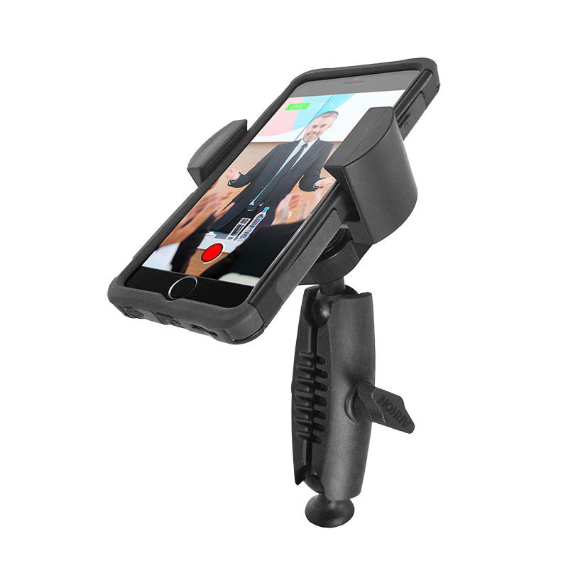 The RoadVise® Phone Tripod Mount is a black adjustable holder that securely grips your smartphone, features a ball joint with tightening knob for easy positioning, and is ideal for live streaming or video calls.