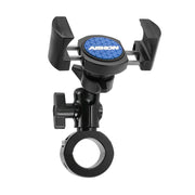 A black and blue RoadVise® Premium Aluminum Motorcycle Handlebar Phone Mount with clamp mount and adjustable arms, designed for secure attachment to handlebars or tubes, shown isolated on a white background.