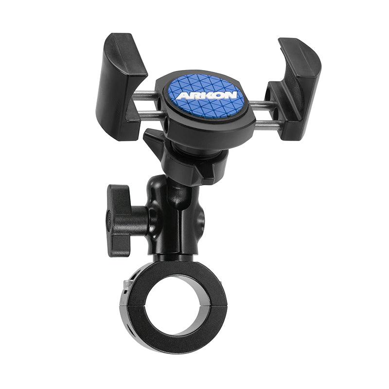 A black and blue RoadVise® Premium Aluminum Motorcycle Handlebar Phone Mount with clamp mount and adjustable arms, designed for secure attachment to handlebars or tubes, shown isolated on a white background.