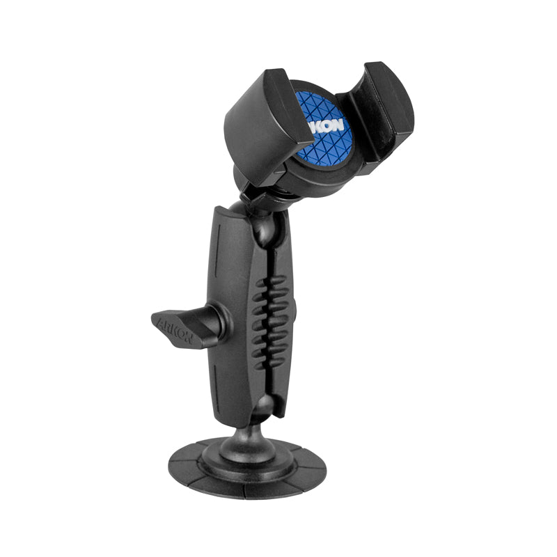 The RoadVise® Phone Holder with Adhesive Car or Truck Mount features adjustable arms, a secure adhesive base for dashboards or windshields, and a circular blue KON logo—ideal for use in cars or trucks.