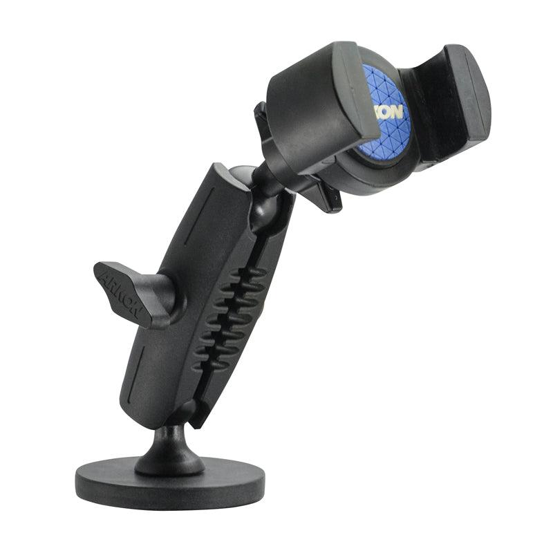 The RoadVise® Holder with Magnetic Mount is a black adjustable device holder featuring a suction cup base and blue accent on the clamp, shown angled—perfect for hands-free use as a gym equipment phone holder during workouts.