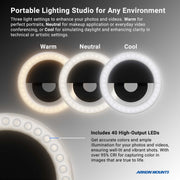 A graphic displays the RoadVise® Tripod and Ring Light Bundle with three color modes—Warm, Neutral, Cool—and 40 high-output LEDs for accurate photo and video lighting. Descriptions explain each mode, with the Arkon Mounts logo shown.