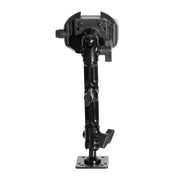 The RoadVise® Ultra Aluminum Drill Base Mount Phone Holder features a black adjustable arm, a rectangular drill base, and a clamp at the top for securely holding phones or similar devices.