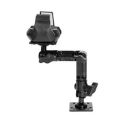 The RoadVise® Ultra Aluminum Drill Base Mount Phone Holder features a black adjustable arm, a secure phone holder on top, and a rectangular drill base for stable mounting to flat surfaces.